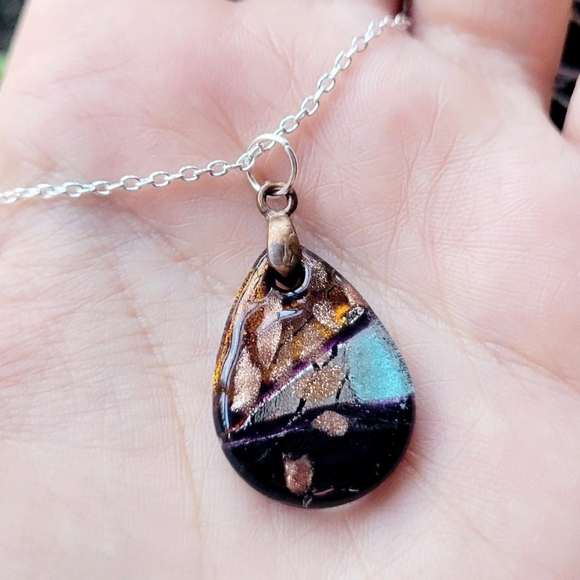 Vintage Dainty Murano Glass Silver Boho Bohemian Teardrop Necklace - Picture 2 of 8